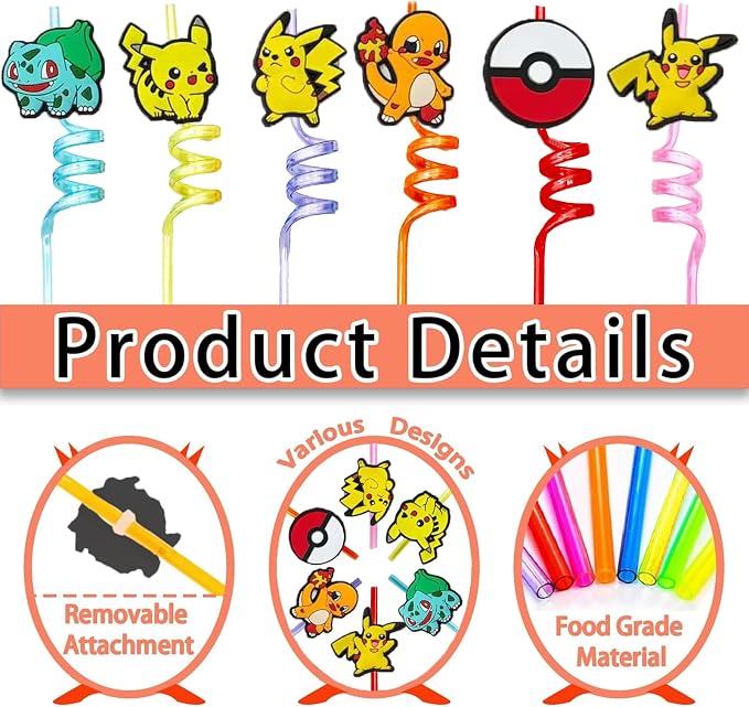 30pcs Electric mouse Straws Pokemon Party Supplies Favors With 2pcs Cleaning Brush Plastic Reusable Straws Birthday Party Supplies For Boys Girls