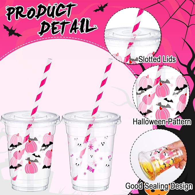 Yaomiao 300 Pcs 12 oz Halloween Plastic Cups with Lids and Straw Halloween Plastic Cup Disposable Clear Tumbler Whiskey Tumbler Pink Pumpkin Ghost Bat Witch Drinking Set for Party Supply