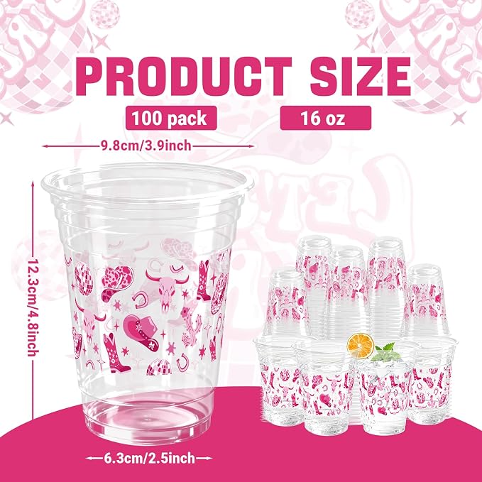 100 Pcs Pink Cowgirl Plastic Cups,16 oz Disco Western Cowgirl Clear Disposable Plastic Cups Drinking Cups for Cowgirl Birthday Baby Shower Lets Go Girls Party Supplies