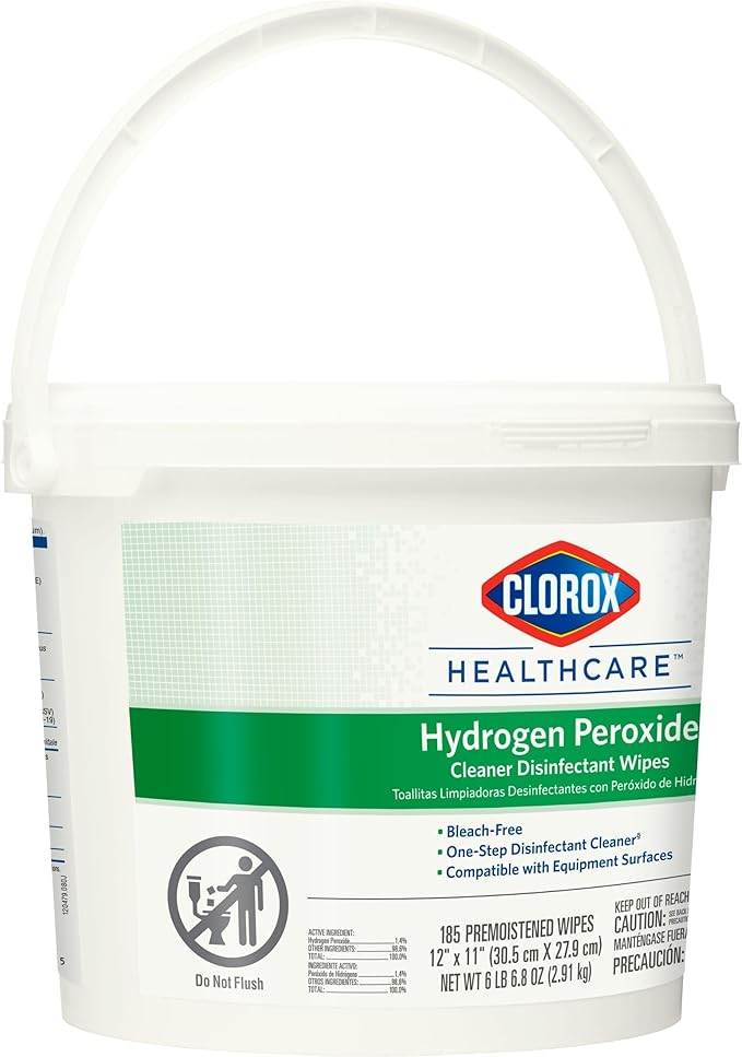 Clorox Healthcare Hydrogen Peroxide Cleaner Disinfectant Wipes, 12" x 11", Bucket, 185 Count, Pack of 2 (Package May Vary)