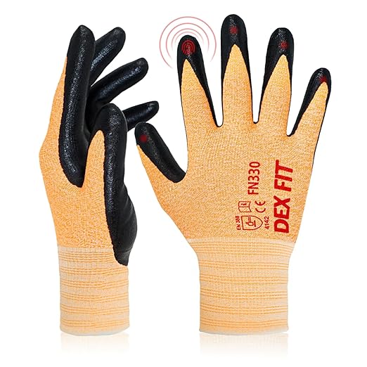 DEX FIT Nitrile Work Gloves FN330, 3 Pairs, 3D-Comfort Stretchy Fit, Firm Grip, Thin & Lightweight, Touch-Screen Compatible, Durable, Breathable & Cool, Machine Washable; Orange S (7)