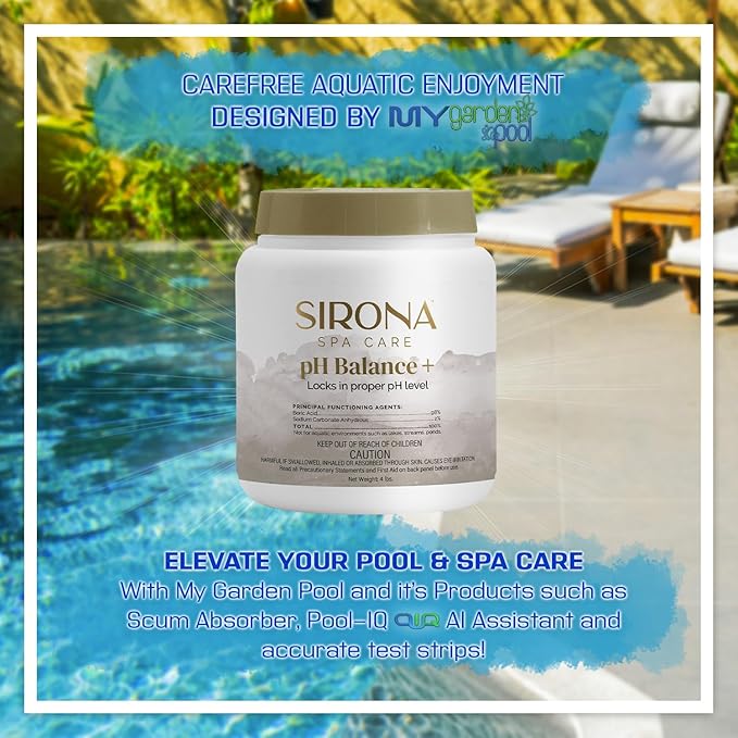 Sirona 82136 Spa pH Balance +, 3 LBS – Includes My Garden Pool 20 Ct. Test Strips & Scum Sponge – Stabilizes pH for Balanced, Clear Spa Water