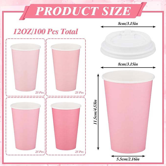 NatNarr 100 Pack Pink Coffee Cup with Lids Sleeves, 12oz Insulated To Go Paper Cups Gradient Pink Party Cups Disposable Paper Cups, Drinking Cup for Wedding Birthday Baby Shower Tea Party Supplies