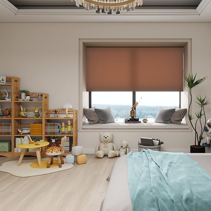 No Drill Cellular Shades, Dark Orange Custom Size Cordless Light Filtering Pull Down Pleated Honeycomb Blind Thermal Insulated Easy Install for Indoor Window Bedroom Living Room Kitchen Door