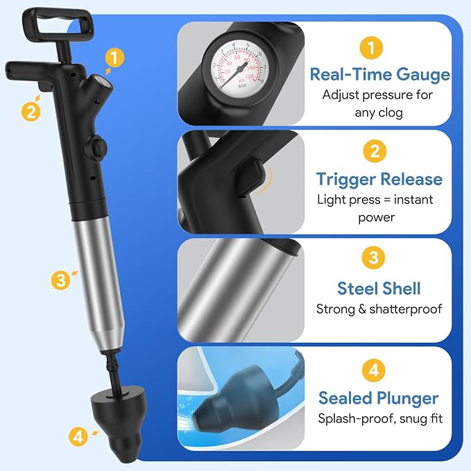 Granarbol Plungers for Bathroom, Toilet Plunger & Air Drain Blaster with Real-Time Gauge,Heavy Duty Toilet Auger & Drain Snake, Clog Remover Tool for Toilets, Sinks, Floor Drains (Black)