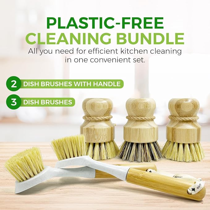 AIRNEX Bamboo Dish Brush Set - 3 Pack Sisal & Coconut Medium and Hard Bristles & 2 Pack Dish Brushes with Handle - Non-Scratch, Odor-Free, Quick-Drying Kitchen Scrubbers for Dishes, Pans, Pots & Sink