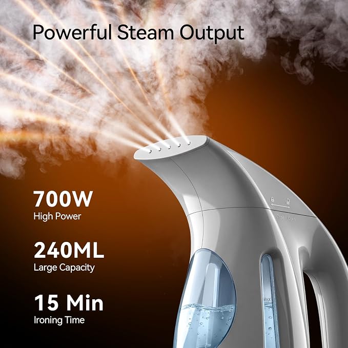 HiLIFE Steamer for Clothes, Portable Handheld Design, 240ml Big Capacity, 700W, Strong Penetrating Steam, Removes Wrinkle, for Home, Office(ONLY FOR 120V) (Silver Gray)