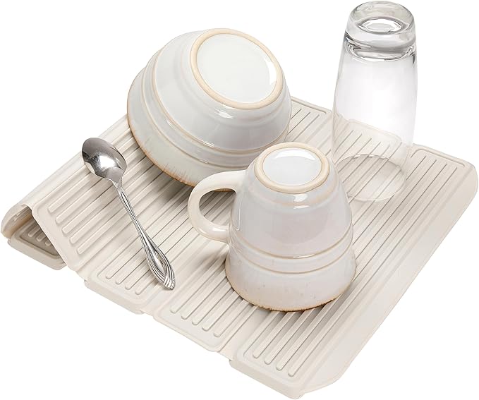 CLOROX KeptClean Interlocking Non-Slip Dish Drying Mat – Flexible, Foldable, Durable, Quick-Dry Mat, Interlocking Panels for Various Drying Elevations, Folds Compact for Storage - Almond Cream