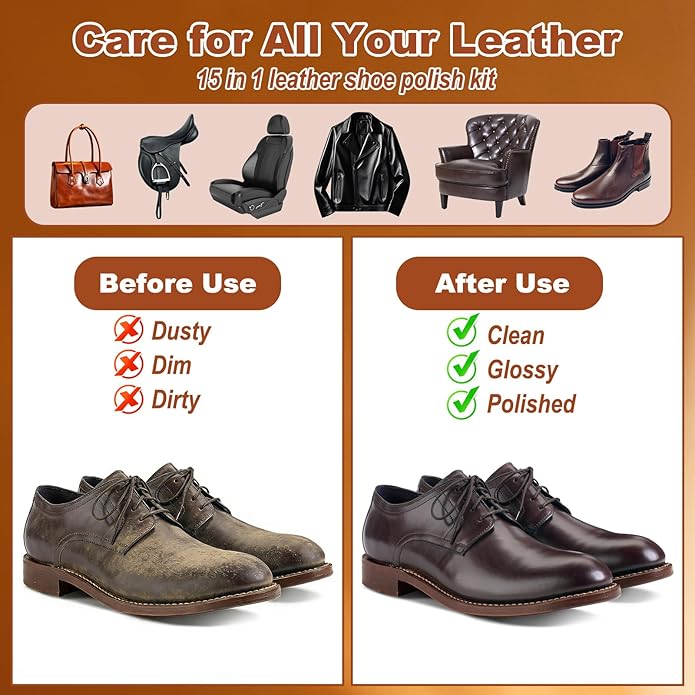 Cieex Shoe Polish Kit – 15PCS Shoe Care Kit with Black Brown Neutral Polish & Mink Oil, 3 Horsehair Brushes, Shoe Shine Kit for Leather Shoes & Boots with Travel Leather Bag – Gift for Men & Women