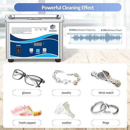 Granbo Ultrasonic Cleaner 800ML Jewelry Cleaner Ultrasonic Machine 40kHz with Digital Timer and Degassing,110V Digital Ultrasonic Parts Cleaner for Denture Dental Oral Irrigator Parts Glasses
