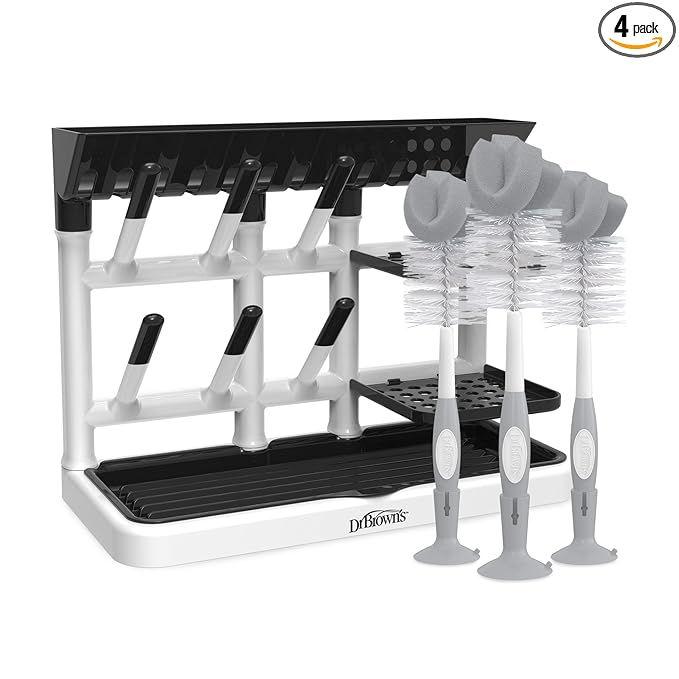 Dr. Brown's Baby Bottle Drying Tower, Stand-Up Drying Rack with Reusable Sponge Baby Bottle Cleaning Brush Set, 3-Pack, Grey