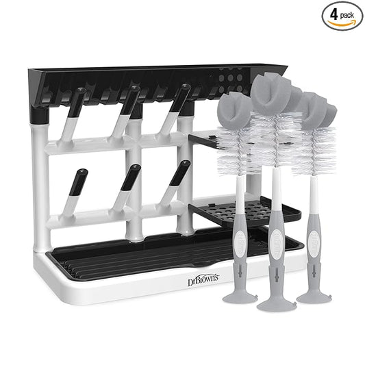 Dr. Brown's Baby Bottle Drying Tower, Stand-Up Drying Rack with Reusable Sponge Baby Bottle Cleaning Brush Set, 3-Pack, Grey