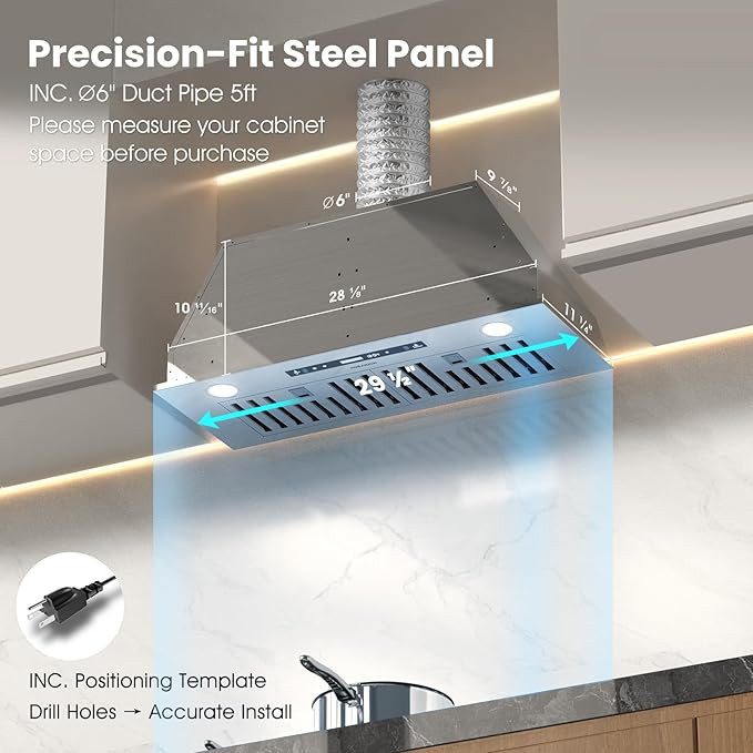 30 inch Range Hood Insert, 900 CFM Kitchen Vent Hood with Full Copper Motor, Triple Smart Controls, Tunable LED Lighting, Included Charcoal Filters & Duct Pipe