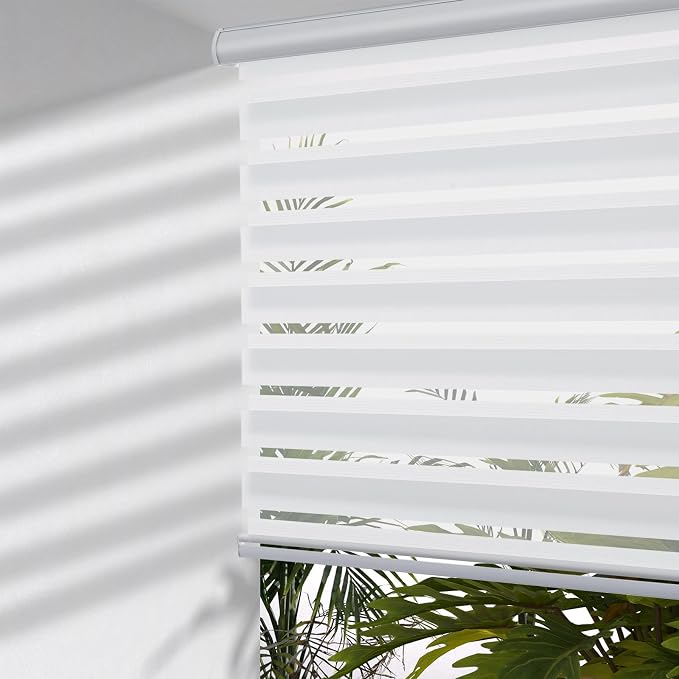 MYshade Cordless Zebra Blinds with Free-Stop Function - Dual Layer Light Filtering & Privacy Sheer Shades for Day and Night - Easy Install Window Shades for Home, Living Room, 37" W x 64" H,White