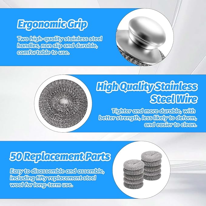 50Pcs Steel Wool Scrubber with 2 Handles, Stainless Steel Scrubber Pads for Dishes, Pots, Pans, Grill, Oven, Kitchen Cleaning, Rust Resistant Heavy Duty Scouring Pads