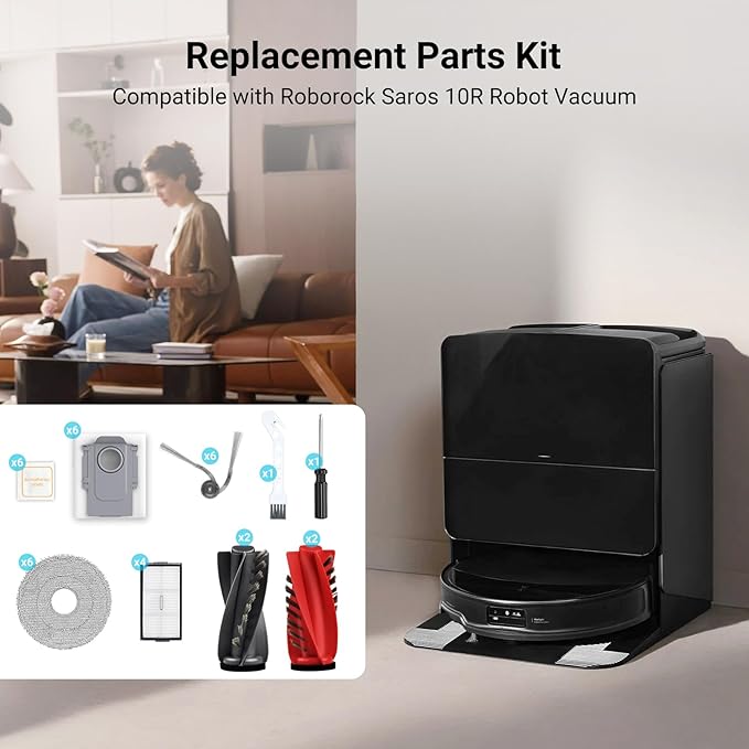 Replacement Kit for Roborock Saros 10R/Saros 20/Qrevo CurvX/G20s Ultra Robot Vacuum, 4 Main Brushes, 4 Filters, 6 Mop Pads, 6 Dust Bags & Scented Tablets, 6 Side Brushes, 1 Cleaning Brush