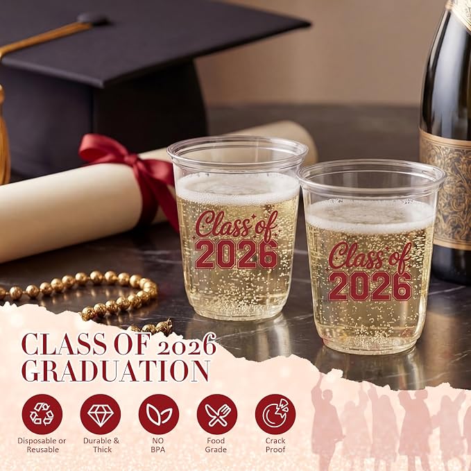Potchen 50pcs Graduation Cups Class of 2026 12oz Clear Plastic Graduation Party Cups for 2026 Celebration Party Supplies Congrats Grad Tableware Decoration(Maroon)