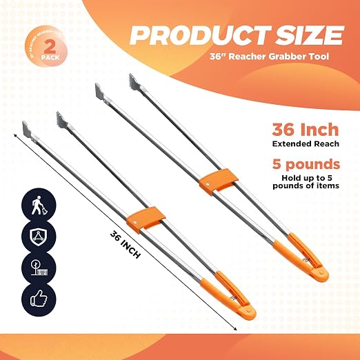 2 Pack Reacher Grabber Tool 34 Inch Lightweight Litter Pick up Sticks Aluminum Rustproof Trash Grabber Garbage Picker Garden Leaf Cleaning Trash Tong Reaching Assist Tool for Elderly Cleaner(Orange)