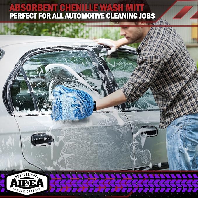 AIDEA Car Wash Mitt Microfiber, 2PK Scratch Free Lint-Free, Premium Chenille Microfiber Mitt Car Wash Brush, Green & Blue, Extra Large Size 8''X12''