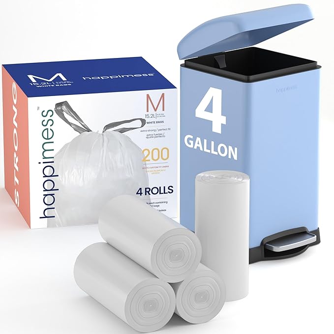 happimess HPM3000M-WHITE 200-Count 4 Gallon Drawstring Unscented Trash Can Liner for Business Home Kitchen Commercial and Industrial White (4-Rolls of 50 Liners)