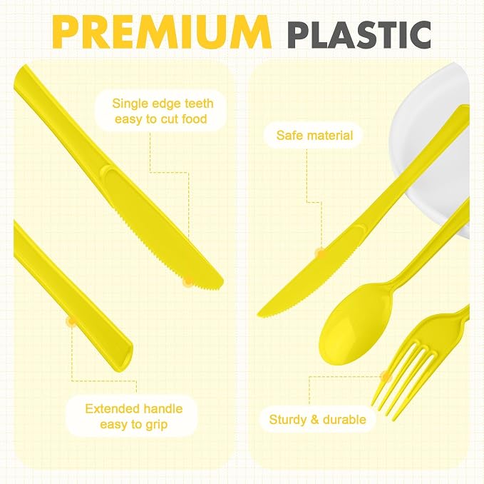 Kochorie 300 Pieces Graduation Yellow Plastic Silverware, Disposable Plastic Utensils, Heavy Duty Cutlery Set Heavyweight Flatware Includes Spoons Forks Knives for Birthday Party Wedding Dinner