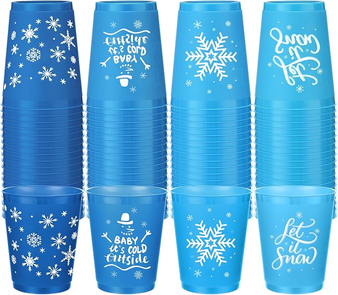 Ziliny 60 Pcs Winter Plastic Cups Reusable Winter Snowflake Coffee Cups Tumblers Snow Holiday for Hot Cold Drinks Chocolate Beer Party New Year Holiday Supplies(16 oz)
