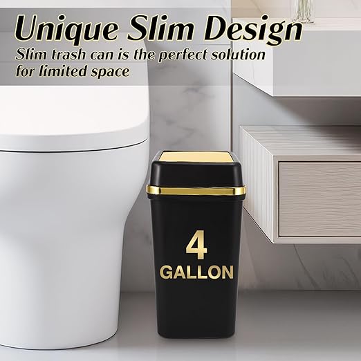 3 Pack Bathroom Trash Can with Lid 4 Gallon Small Trash Can Black Bathroom Trash Can with 225 Counts Trash Bags for Kitchen Bedroom Office