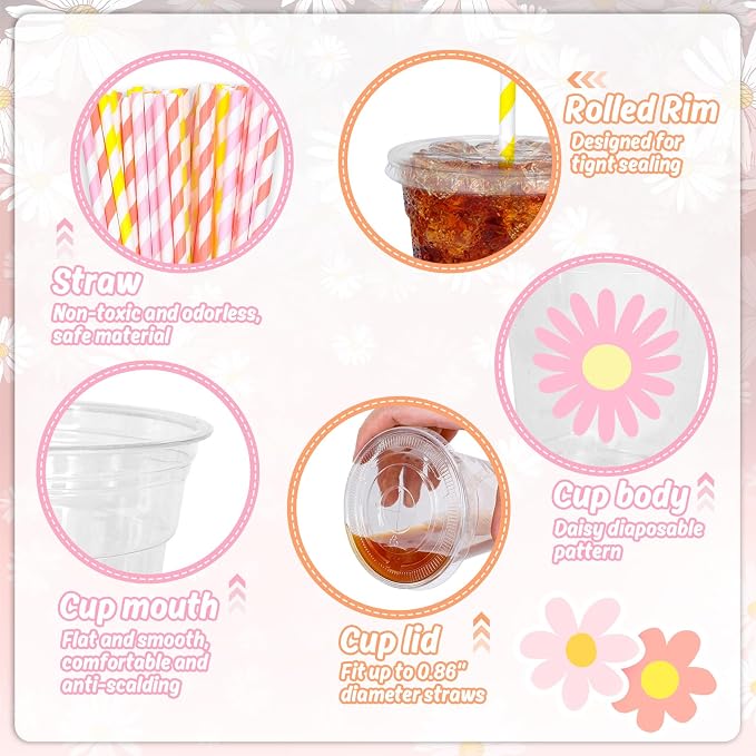 Whaline 60Pcs Daisy Disposable Plastic Cups with Lids and Straws White Pink Orange Daisy Flower Cold Beverage Drinking Cups for Wedding Birthday Baby Shower