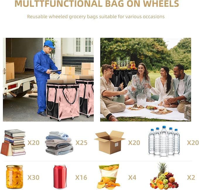 (Medium, Rose Gold) Reusable Grocery Bag on 4 Wheels, 70L Foldable Rolling Tote, Shopping Trolley, Rolling Bag with 3 Handles, Rolling Tote Bag with Wheels for Shopping, Market, Laundry,Moving
