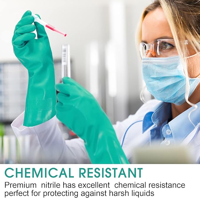 Potchen 50 Pairs Chemical Resistant Gloves Heavy Duty Thick Nitrile Gloves Bulk for Cleaning, Resist Household Acid, Alkali and Oil (Large)