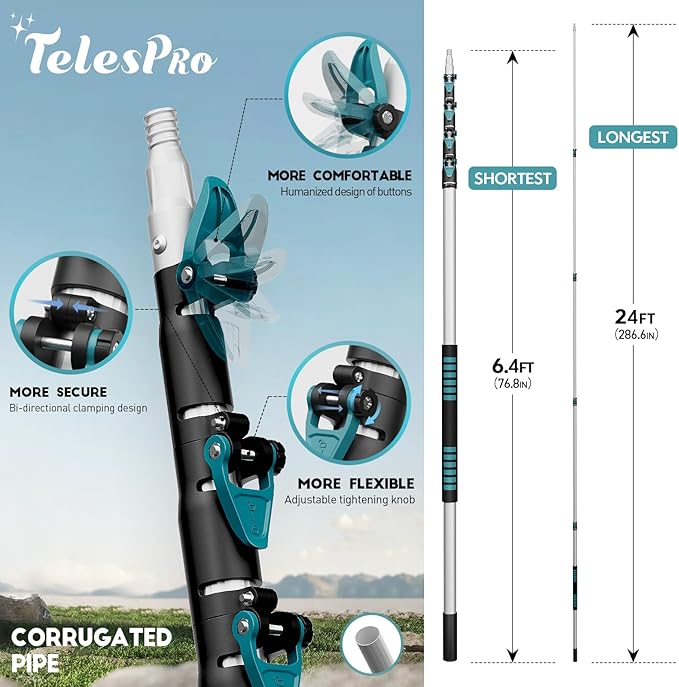 TelesPro 30 Foot High-Reach Duster Kit with 6-24FT Extendable Pole - High Ceiling Duster Cleaning Kit with Telescopic Pole,Cobweb Duster, Chenille Ceiling Fan Duster, Microfiber Feather Duster
