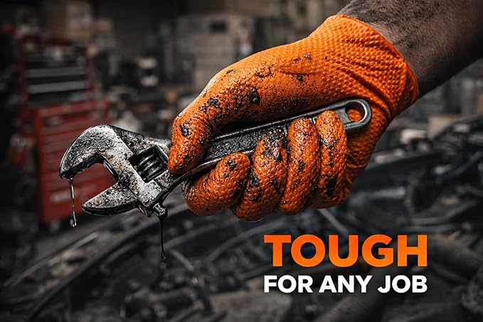 AroCare 8 Mil Orange Nitrile Gloves,3D Raised Diamond Texture-Latex & Powder Free-Industrial, Mechanic