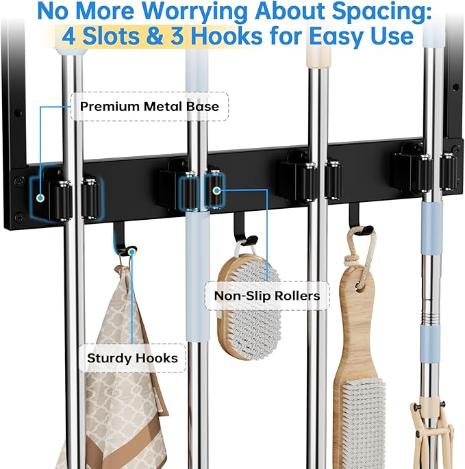 Broom Holder Wall Mount with Cleaning Supplies Organizer, Laundry Room Organization and Storage Shelves with Mop Hanger Rack Gripper Hooks, Home Improvement Kitchen Shelf Garage Organizer