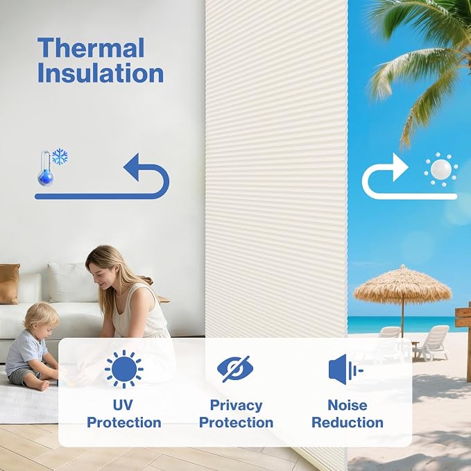 No Drill Cellular Shades, Cream 28" W x 48" H Cordless Light Filtering Pull Down Pleated Honeycomb Blind Thermal Insulated Easy Install for Indoor Window Bedroom Living Room Kitchen