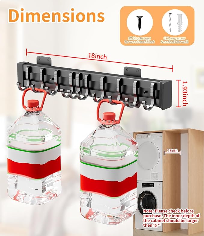 Pull Out Broom Holder With 9 Adjustable Sliding Hook, Multifunctional Slide Broom And Mop Storage/Organizer Garage Organization Hooks, for Closet Laundry - 18.11inch/46cm