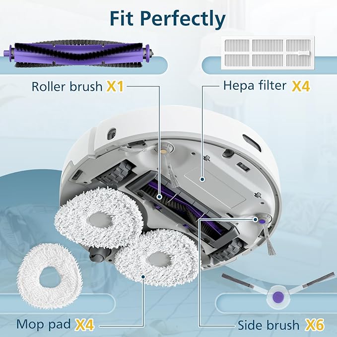 Replacement Parts Accessories Compatible with Narwal Freo Robot Vacuum ONLY, 1 Roller Brush,4 HEPA Filters, 4 Mop Pads, 6 Side Brushes, NOT for Freo Z10/Z10 Ultra/Z Ultra/X Ultra