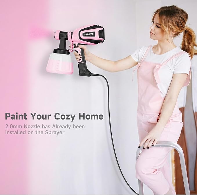 VONFORN Paint Sprayer, 700W HVLP Spray Gun with Cleaning & Blowing Joints, 4 Nozzles and 3 Patterns, Easy to Clean, for Furniture, Cabinets, Fence, Walls, Door, Garden Chairs etc. VF803 Pink