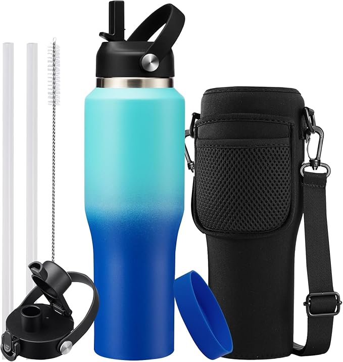32 OZ Stainless-steel Insulated Water Bottles - Cold 48H & Hot 24H, Leak-Proof Metal Water Flask with Sleeve, Protective Boot, BPA Free Vacuum Insulated 32 Oz Water Bottle Fits In Cup Holder