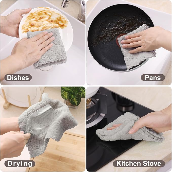Homaxy 12 Pack Kitchen Dish Cloths (10 x 10 Inches, Grey), Super Soft and Absorbent Coral Velvet Dish Towels, Nonstick Oil Fast Drying Microfiber Cleaning Cloth, No Lint Household Dishcloths