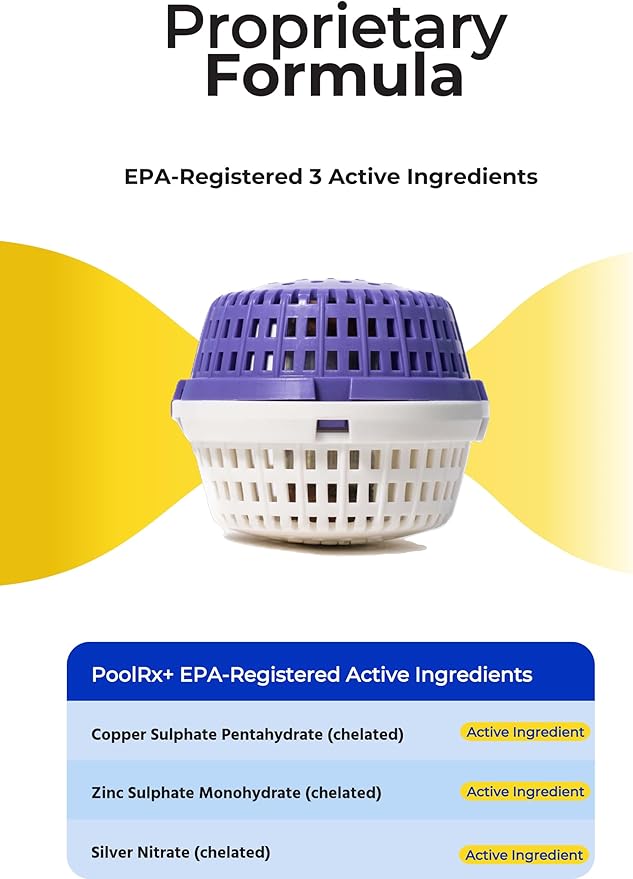PoolRx+ Mineral Algaecide 4-Unit Pack, up to 6-Month Algae Control, for 400-1,000 gallons, Purple & White, New Formula with Silver.