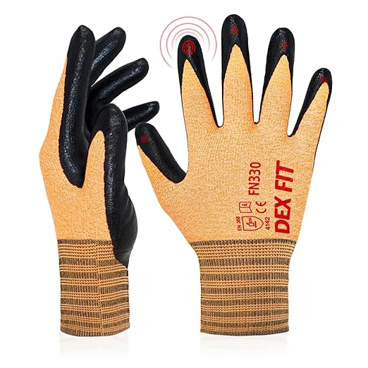 DEX FIT Nitrile Work Gloves FN330, 3 Pairs, 3D-Comfort Stretchy Fit, Firm Grip, Thin & Lightweight, Touch-Screen Compatible, Durable, Breathable & Cool, Orange XL (10)