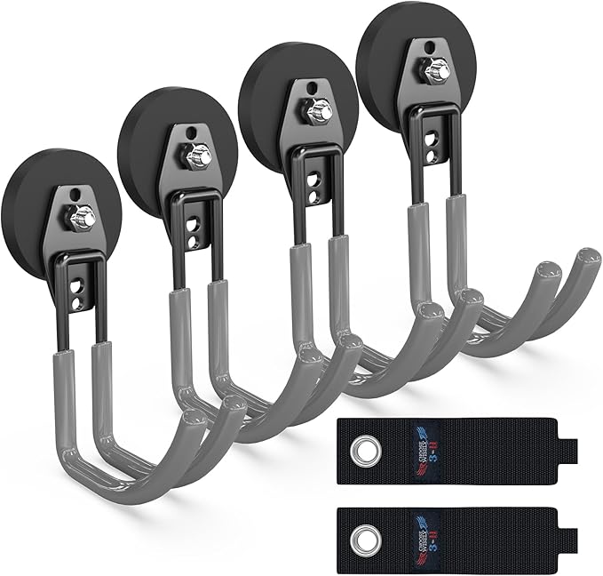 3-H Extra Strong Magnetic Hooks,Heavy Duty Large Anti-Slip Magnet Hooks J Shape,No-Drill Tool Holder for Garage,Power Drill,Garden Tools,Hose Storage,4 Pack Gray
