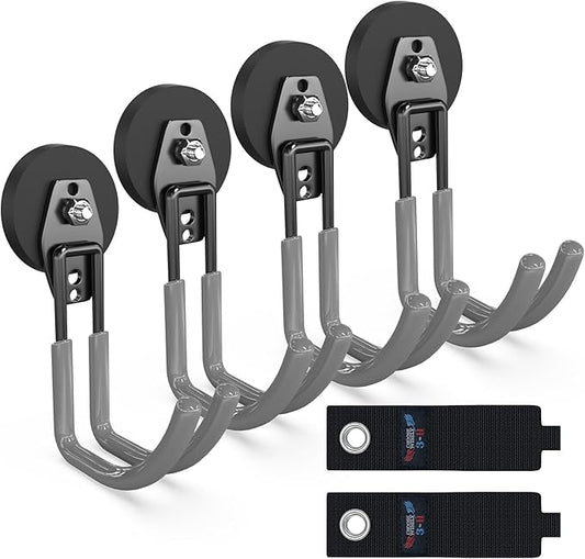3-H Extra Strong Magnetic Hooks,Heavy Duty Large Anti-Slip Magnet Hooks J Shape,No-Drill Tool Holder for Garage,Power Drill,Garden Tools,Hose Storage,4 Pack Gray