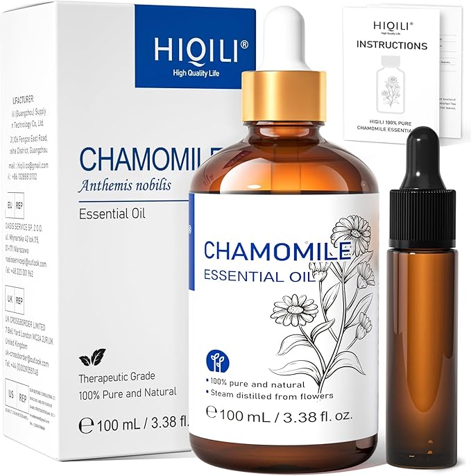 HIQILI 100ML Chamomile Essential Oil, Pure & Natural Chamomile Oil for Diffueser, Skin, Soap, Shampoo - 3.38 Fl Oz