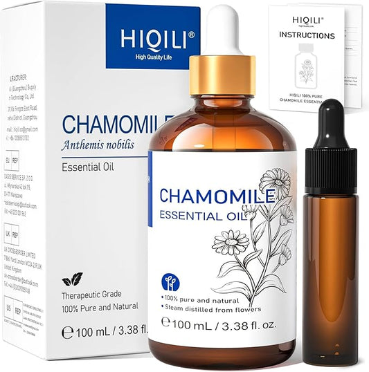 HIQILI 100ML Chamomile Essential Oil, Pure & Natural Chamomile Oil for Diffueser, Skin, Soap, Shampoo - 3.38 Fl Oz