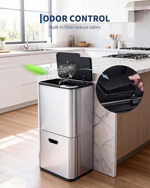 Garvee 16 Gal Dual Trash Can for Kitchen, 2 Compartment (33l + 28l) Garbage Can with Compost Bin, Stainless Steel Trash and Recycle Bin Combo with Removable Inner Bucket, Odor Control, Silver