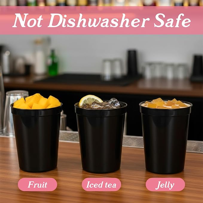 48 Pcs Plastic Cups for Party 16 oz Plastic Stadium Cups Bulk Blank Reusable Drink Tumblers Large Drinking Cup for Wine Coffee Beer Water Picnics Party Supplies (Black)