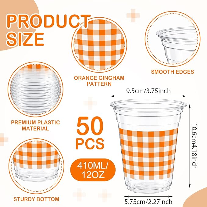 Qinyoung Checkered Plastic Cups 12oz Gingham Party Disposable Cups Bulk Drinking Cup for Cold Drinks Baby Shower Wedding Summer Birthday Party Supplies(Orange and White,50 Pcs)