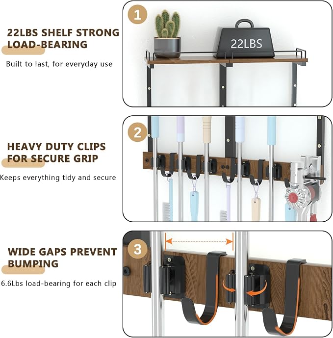 Mop Holder Wall Mount with Cleaning Supplies Organizer, Wood Mop and Broom Hanger Rack Organizer with Anti-Fall Wall Shelf with 5 Clips & Hooks for Garage Laundry Room Kitchen (Brown)
