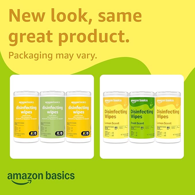 Amazon Basics Disinfecting Wipes, Lemon & Fresh Scent, Sanitizes/Cleans/Disinfects/Deodorizes, 255 Count (2 Packs Lemon, 1 Pack Fresh Scent)